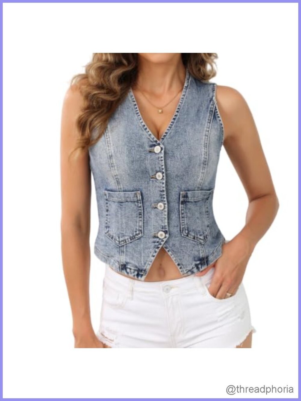 Women's Cropped Denim Vest V-Neck Button Down Sleeveless Jean Waistcoat Medium